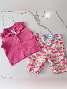Little Me | Infant Girls Sleeveless Polo Shirt Fish Print Pants Summer Outfit 9M